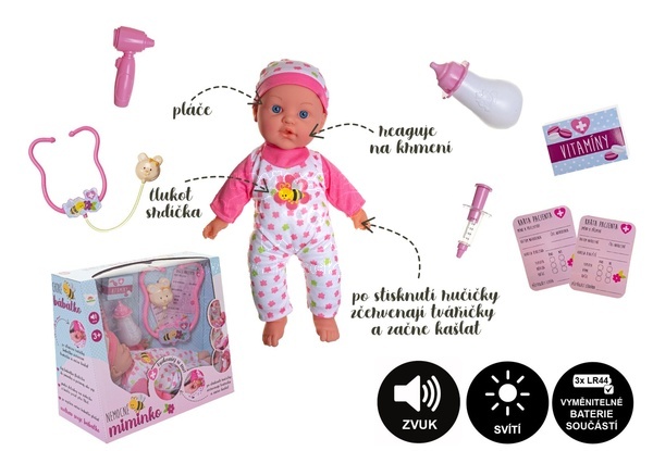 Miminko nemocné měkké tělo 36cm s doplňky se zvukem a světlem