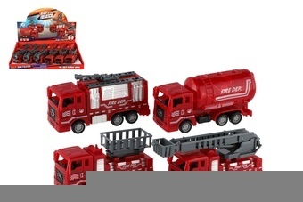 Auto hasiči plast 11cm na zpětné natažení 4 druhy 12ks v boxu
