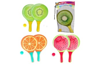 Sada na plážový tenis ovoce dřevěné 38cm 2 pálky + 1 míček 3 druhy v látkovém sáčku