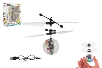 Vrtulníková koule létající plast 13x11cm svítící reagující na pohyb ruky,USB kabelem průhled v krab.