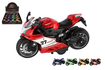 Motorka silniční plast 13cm na zpětné natažení na baterie se světle, zvukem 4 barvy 12ks v boxu