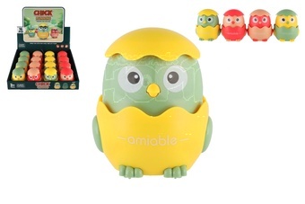 Kuřátko Zmáčkni a jeď plast 7x8cm na setrvačník 4 barvy 16 ks v boxu