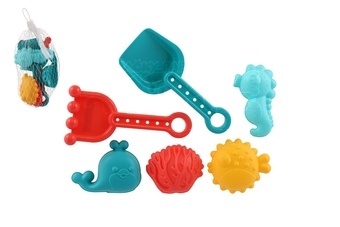 Sada na písek plast lopatka,hrabičky,formičky 4ks v síťce 10x16cm 18m+