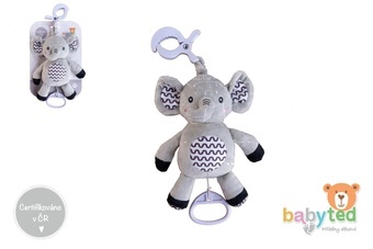 Slon babyted natahovací hrací strojek plyš 30cm závěs na postýlku/kočárek na kartě v sáčku 0m+