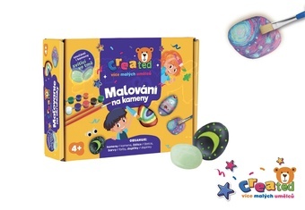 Malování na kameny/oblázky svítící ve tmě s barvami se štětci created s doplňky v krabičce 19x14x5cm