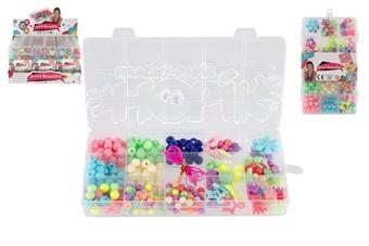 Korálky plastové barevné se šňůrkou v plastové krabičce 10x17x2cm 24ks v boxu