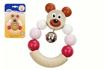 Chrastítko/Hrkadlo medvěd růžový dřevo 7x9cm na kartě 6m+