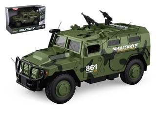 Auto vojenské plast 25,5cm na setrvačník na baterie se zvukem se světlem v krabici 30x19x13cm