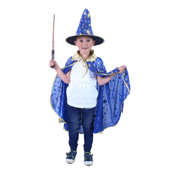 Dětský čarodějnický plášť s kloboukem modrý