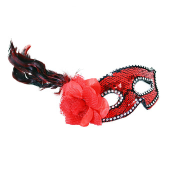 Maska škraboška červená s květem a peřím