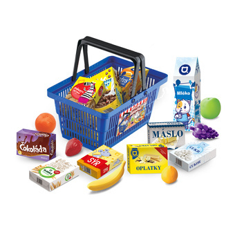 Mini obchod Nákupní košík modrý s doplňky a učením jak nakupovat