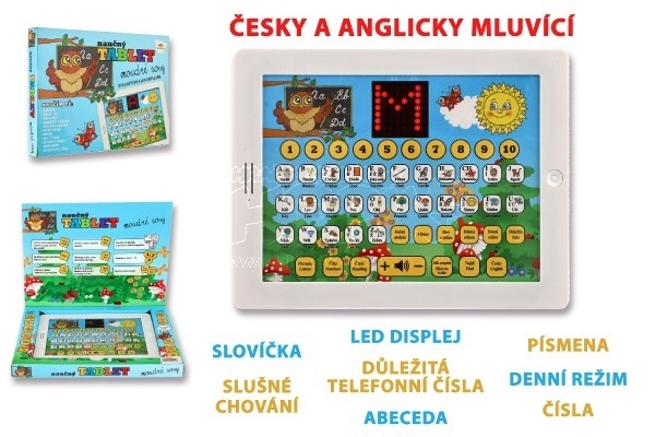 Naučný tablet moudré sovy dvojjazyčný CZ+AJ plastový na baterie se zvukem