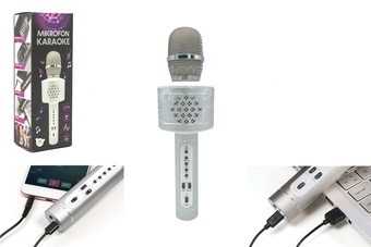 Mikrofon karaoke Bluetooth stříbrný s USB kabelem