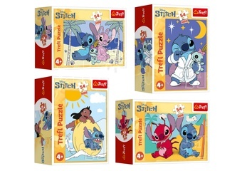 Minipuzzle Stitchova dobrodružství 54 dílků 4 druhy v krabičce 6x9x4cm 40ks v boxu