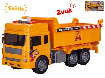 Auto stavební sklápěčka 27cm na setrvačník na baterie se světlem a zvukem v krabičce