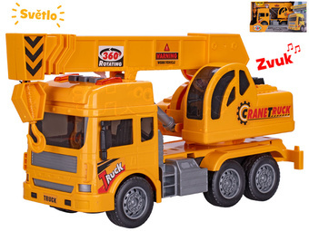 Auto stavební jeřáb 27cm na setrvačník na baterie se světlem a zvukem v krabičce