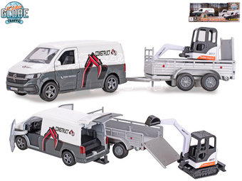 Kids Globe Traffic VW Transporter s přívěsem 27cm zpětný chod s mini bagrem v krabičce