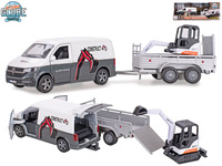 Kids Globe Traffic VW Transporter s přívěsem 27cm zpětný chod s mini bagrem v krabičce