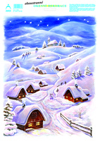 Vánoční adh.nálepky 25x35 - Barevné chaloupky v horách