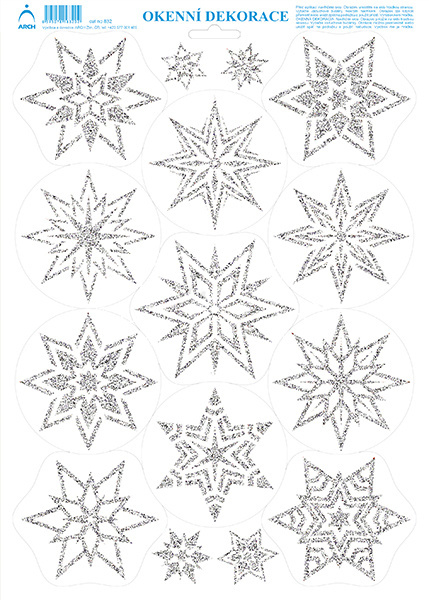 Okenní dekorace Vánoční adhezivní nálepky Hvězdičky stříbrné s glitry
