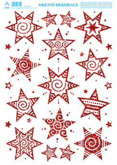 Okenní dekorace Vánoční adhezivní nálepky Hvězdičky červené s glitry