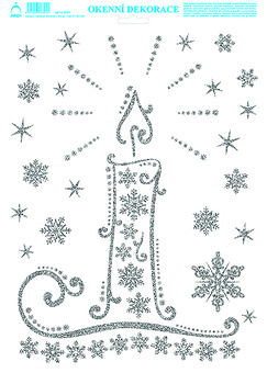 Okenní dekorace Vánoční adhezivní nálepky Svíčka stříbrná s glitry