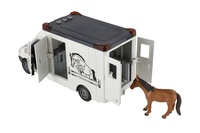 Auto přepravník zvířat plast  28cm s koněm na setrvačník se světlem se zvukem šedé v krabici 39x18cm