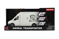 Auto přepravník zvířat plast  28cm s koněm na setrvačník se světlem se zvukem šedé v krabici 39x18cm