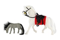 Kůň fliška 23cm se sedlem s hříbětem 3 barvy v sáčku