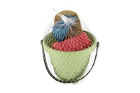 Sada na písek plast kbelík, lopatka, hrabičky, 3 formičky  3 barvy v síťce