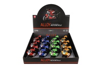 Motorka silniční plast 13cm na zpětné natažení na baterie se světle, zvukem 4 barvy 12ks v boxu