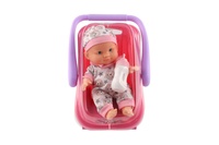Panenka miminko plast 22cm pevné tělo v nosítku/autosedačce s lahvičkou 2 barvy v blistru