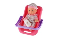 Panenka miminko plast 22cm pevné tělo v nosítku/autosedačce s lahvičkou 2 barvy v blistru