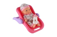 Panenka miminko plast 22cm pevné tělo v nosítku/autosedačce s lahvičkou 2 barvy v blistru