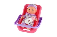 Panenka miminko plast 22cm pevné tělo v nosítku/autosedačce s lahvičkou 2 barvy v blistru