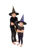 Klobouk čarodějnický + plášť pro děti průměr 38cm černo-zlatý v sáčku karneval