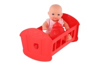 Panenka 10cm pevné tělo plast s postýlkou s lahvičkou v krabičce 16x15x10cm