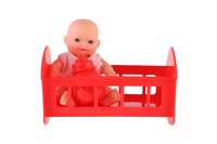Panenka 10cm pevné tělo plast s postýlkou s lahvičkou v krabičce 16x15x10cm
