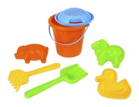 Sada na písek plast kbelík 18x16cm, sítko, lopatka, hrábě a formička 3ks v síťce 12m+