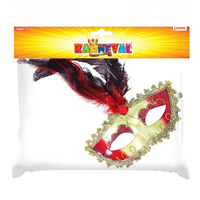 Maska Škraboška červeno zlatá s peřím