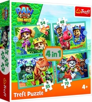 Puzzle 4v1 Tlapková patrola/Paw Patrol Dino Movie: Příběhy z ostrova dinosaurů v krabici 28x28x6cm