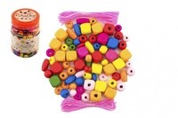 Korálky barevné dřevěné s gumičkami v plastové dóze 300ks