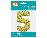 Balónek č. 5 nafukovací fóliový 78 cm - žlutý s obrázky