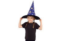 Klobouk čarodějnický pro děti průměr 38cm modro-zlatý v sáčku karneval